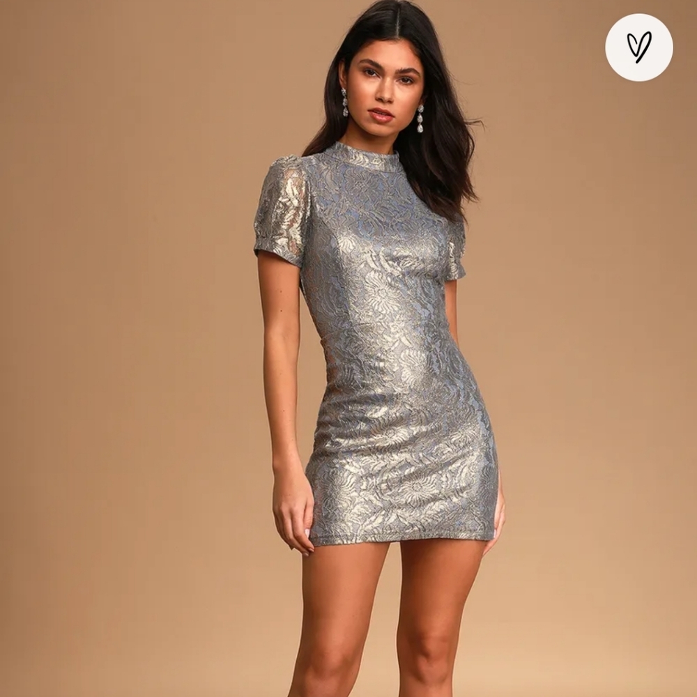 Lulus Party of One Slate Blue Metallic Lace Backless Mini Dress NWT